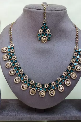 Blue yellow gold premium designer american diamond and stone work necklace set