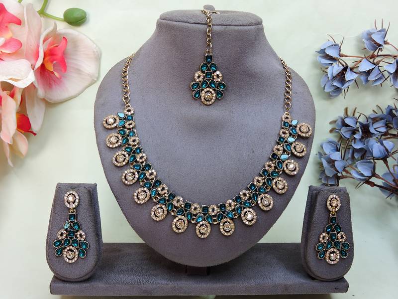 Blue yellow gold premium designer american diamond and stone work necklace set