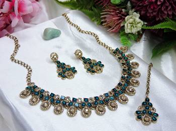 Blue yellow gold premium designer american diamond and stone work necklace set 3