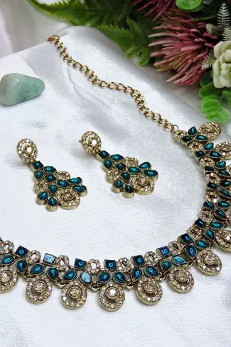 Blue yellow gold premium designer american diamond and stone work necklace set
