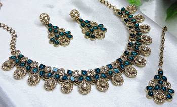 Blue yellow gold premium designer american diamond and stone work necklace set 4