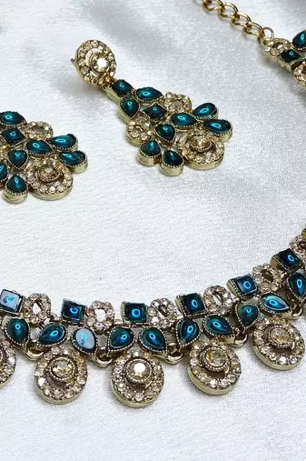 Blue yellow gold premium designer american diamond and stone work necklace set