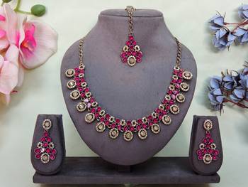 Pink yellow gold premium designer american diamond and stone work necklace set 1