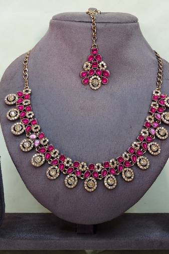 Pink yellow gold premium designer american diamond and stone work necklace set