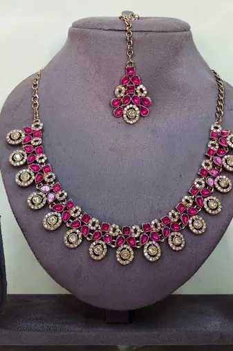 Pink yellow gold premium designer american diamond and stone work necklace set