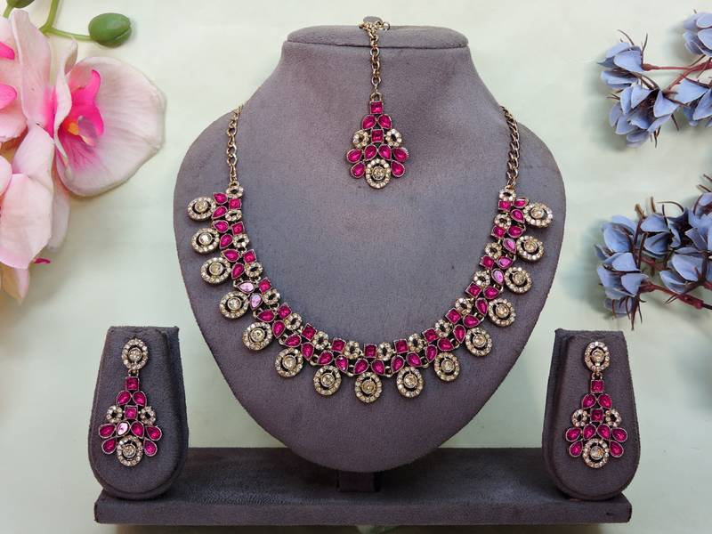 Pink yellow gold premium designer american diamond and stone work necklace set