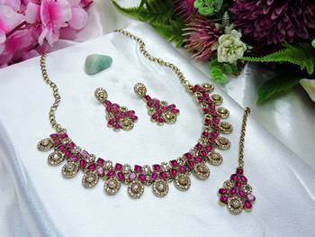 Pink yellow gold premium designer american diamond and stone work necklace set 2