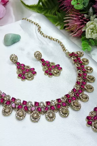 Pink yellow gold premium designer american diamond and stone work necklace set