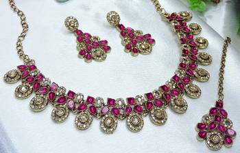Pink yellow gold premium designer american diamond and stone work necklace set 3