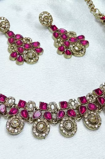 Pink yellow gold premium designer american diamond and stone work necklace set