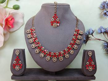 Red yellow gold premium designer american diamond and stone work necklace set 1