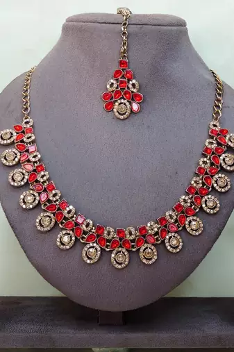 Red yellow gold premium designer american diamond and stone work necklace set