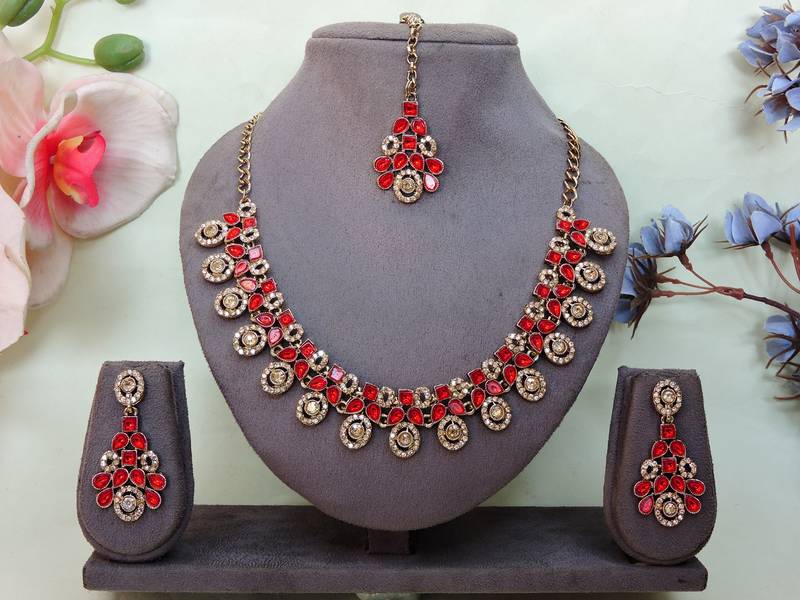 Red yellow gold premium designer american diamond and stone work necklace set