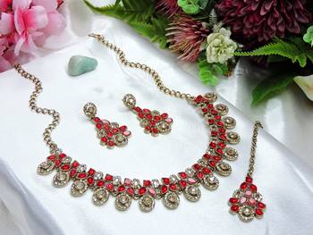 Red yellow gold premium designer american diamond and stone work necklace set 2