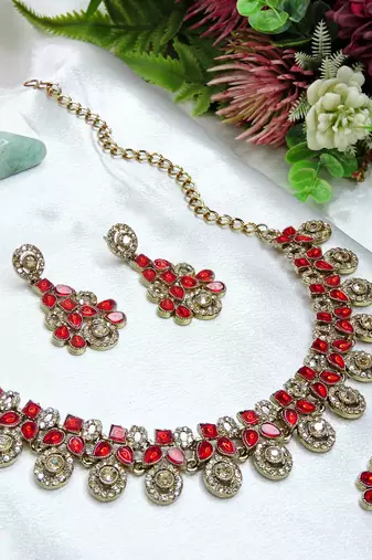 Red yellow gold premium designer american diamond and stone work necklace set