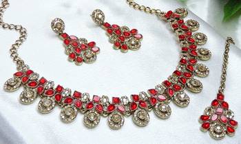 Red yellow gold premium designer american diamond and stone work necklace set 3