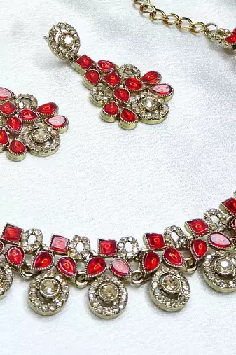 Red yellow gold premium designer american diamond and stone work necklace set