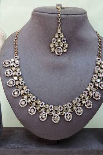 White yellow gold premium designer american diamond and stone work necklace set