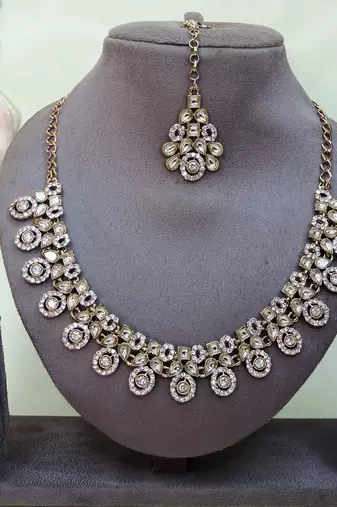 White yellow gold premium designer american diamond and stone work necklace set