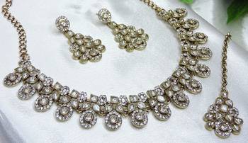 White yellow gold premium designer american diamond and stone work necklace set 2