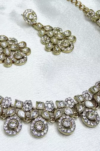 White yellow gold premium designer american diamond and stone work necklace set
