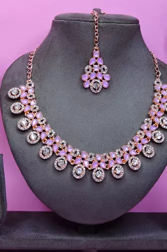 Purple rose gold premium designer american diamond and stone work necklace set