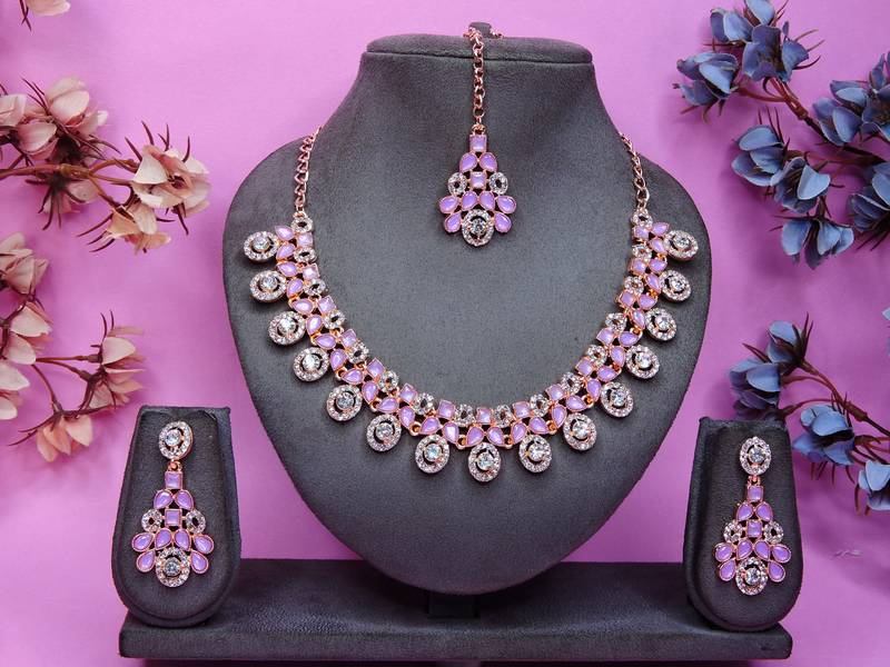 Purple rose gold premium designer american diamond and stone work necklace set