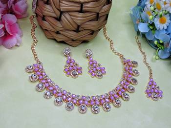 Purple rose gold premium designer american diamond and stone work necklace set 2
