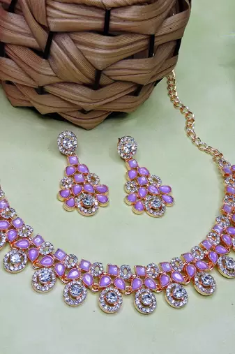 Purple rose gold premium designer american diamond and stone work necklace set