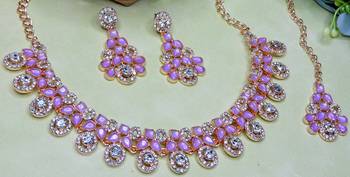 Purple rose gold premium designer american diamond and stone work necklace set 3