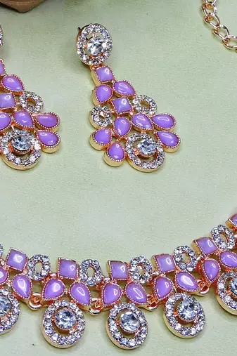 Purple rose gold premium designer american diamond and stone work necklace set