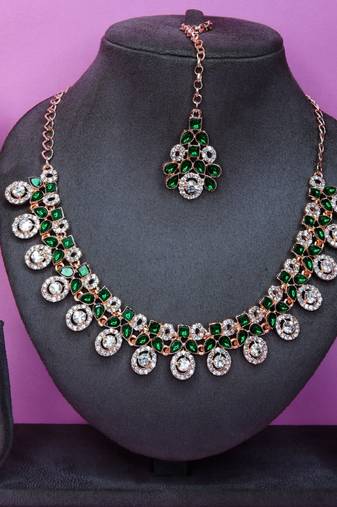 Green rose gold premium designer american diamond and stone work necklace set