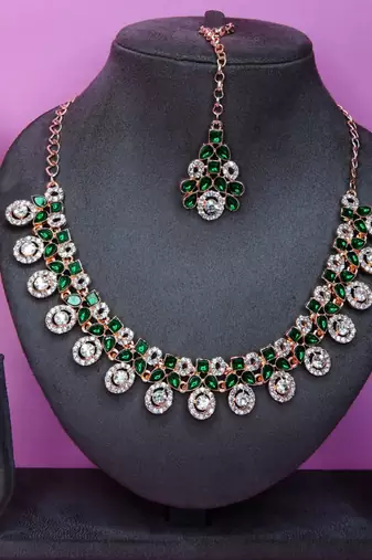Green rose gold premium designer american diamond and stone work necklace set