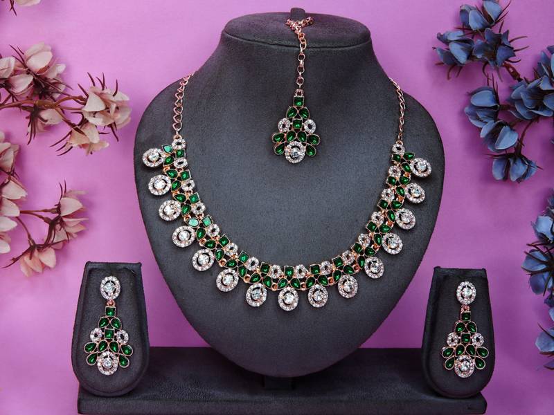 Green rose gold premium designer american diamond and stone work necklace set