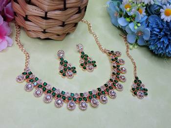Green rose gold premium designer american diamond and stone work necklace set 2