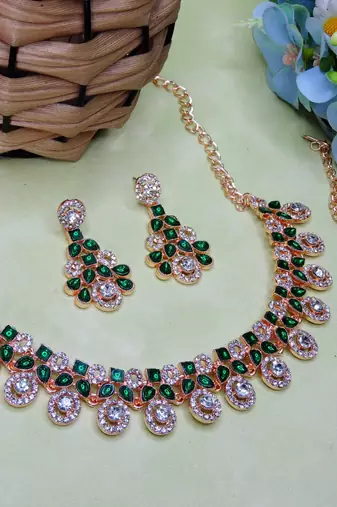 Green rose gold premium designer american diamond and stone work necklace set