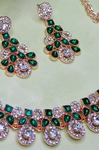 Green rose gold premium designer american diamond and stone work necklace set
