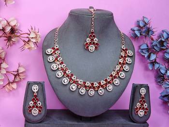 Maroon rose gold premium designer american diamond and stone work necklace set 1