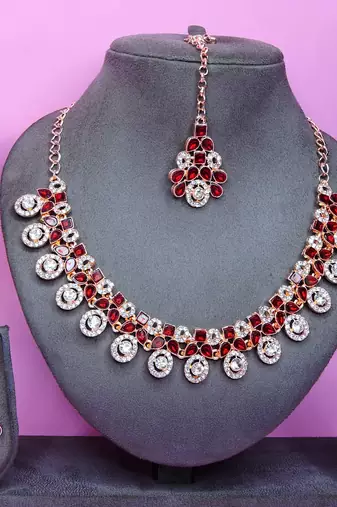 Maroon rose gold premium designer american diamond and stone work necklace set
