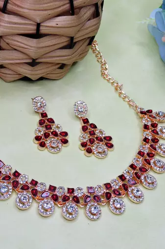 Maroon rose gold premium designer american diamond and stone work necklace set