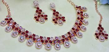 Maroon rose gold premium designer american diamond and stone work necklace set 3