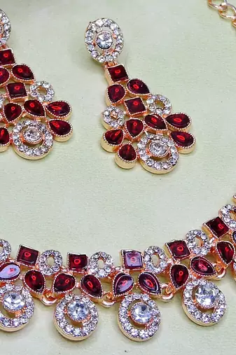 Maroon rose gold premium designer american diamond and stone work necklace set