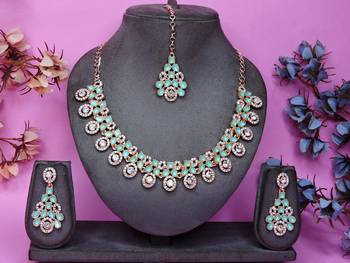 Green rose gold premium designer american diamond and stone work necklace set 1