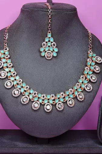 Green rose gold premium designer american diamond and stone work necklace set