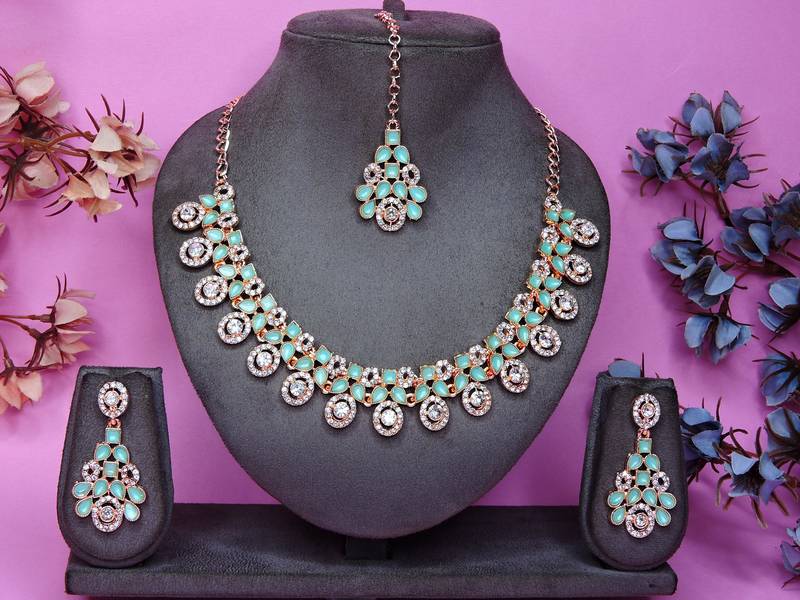 Green rose gold premium designer american diamond and stone work necklace set