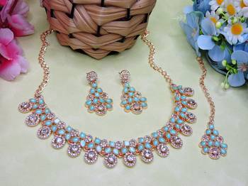 Green rose gold premium designer american diamond and stone work necklace set 2