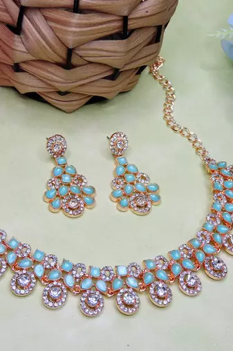 Green rose gold premium designer american diamond and stone work necklace set
