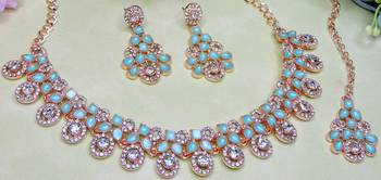 Green rose gold premium designer american diamond and stone work necklace set 3