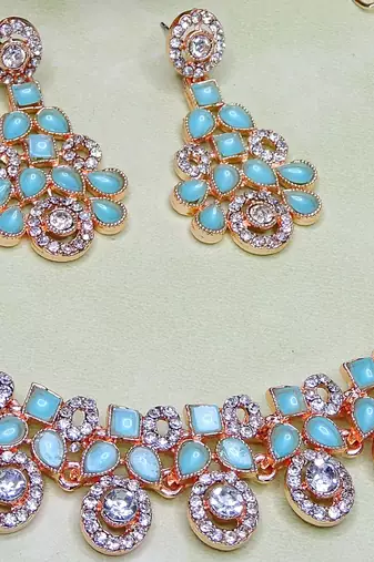 Green rose gold premium designer american diamond and stone work necklace set