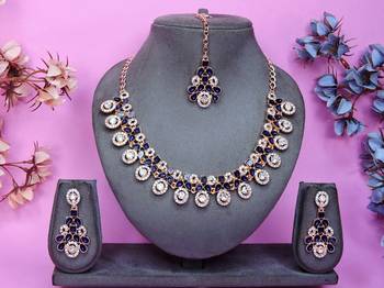 Blue rose gold premium designer american diamond and stone work necklace set 1